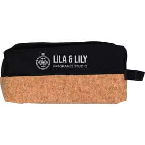 A black and cork utility pouch with a zipper, featuring a logo on the front.