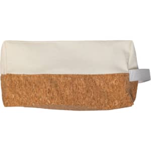 A utility pouch featuring a cork bottom and a beige fabric top, designed for versatile use.