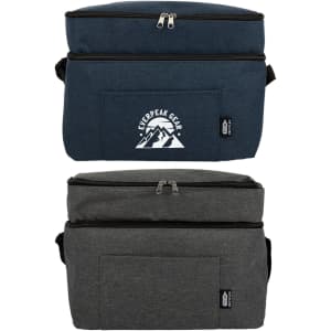 A navy and grey cooler bag with dual compartments and a front pocket. It features a logo on the front.