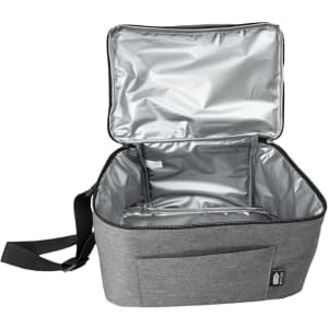 A gray cooler bag with a removable shoulder strap and an open top, featuring a sleek insulated interior.