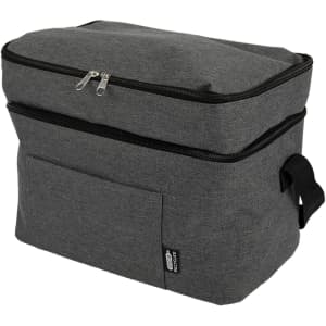 A grey cooler bag with a zippered top and a front pocket, featuring a logo.