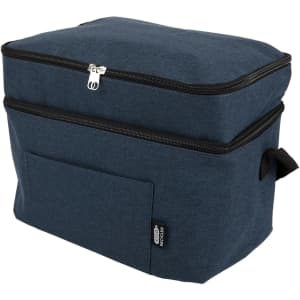 A navy blue cooler bag with a zippered top, featuring a front pocket and a side handle. It has a logo.