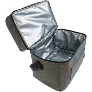 A grey cooler bag with an open lid, featuring a silver insulated interior and a side handle.