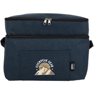A navy cooler bag with a zippered top, front pocket, and a logo. It features a sturdy and insulated design.