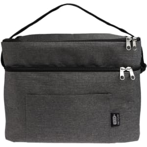 A grey cooler bag with dual zippered compartments and a front pocket, featuring a logo.