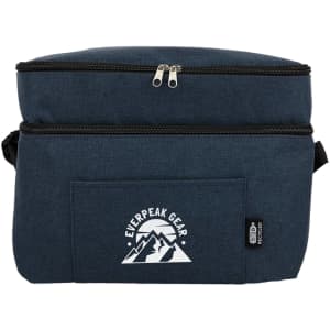 A navy blue cooler bag with a zippered top compartment and a front pocket featuring a logo.