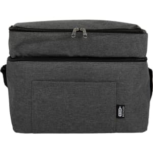 A grey cooler bag with a zippered top compartment and a front pocket, featuring a logo.