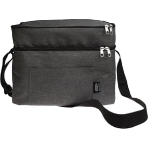 A cooler bag with a sleek gray design features two zippered compartments and an adjustable shoulder strap.