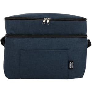 A dark blue cooler bag with dual zippered compartments and a front pocket, featuring a branding logo.