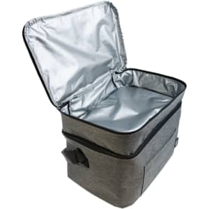 A grey cooler bag with a silver interior, featuring a zip closure and carrying handle. It has a logo on the side.