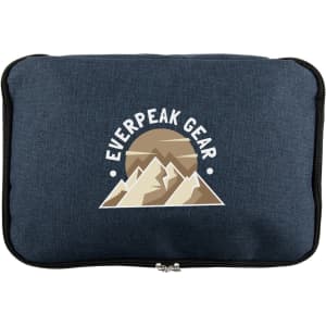 A navy cooler bag featuring a mountain logo on the front, designed for carrying food and drinks.