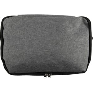A grey cooler bag with a zippered closure, featuring a simple design and a logo.