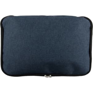 A dark blue cooler bag with a zip closure, featuring a subtle textured fabric and a branded logo.