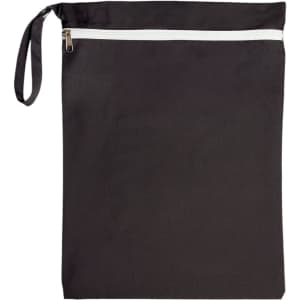 A black wet bag with a white zipper and a side handle, featuring a branding logo.