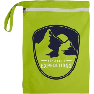 A bright green bag featuring a logo with mountains and the text "Explorer's Expeditions" on the front.