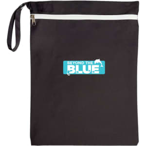 A Cosi Wet Bag in black fabric with a white zipper, featuring a light blue logo that says "BEYOND THE BLUE."