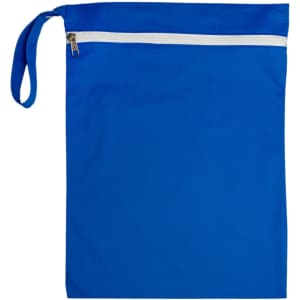 A blue Cosi Wet Bag featuring a white zipper and a convenient handle.