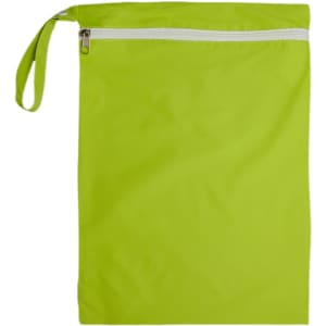 A bright green Cosi Wet Bag with a zip closure and a handle.