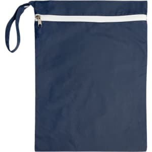 A navy blue Cosi Wet Bag with a white zipper and a convenient handle.