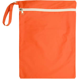A bright orange Cosi Wet Bag featuring a zippered closure and a convenient handle.