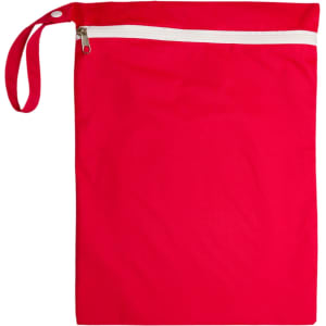 A red wet bag with a white zipper and a side handle.