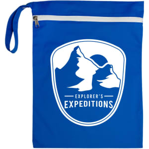 A blue Cosi Wet Bag featuring a white logo with mountains and a sun. It has a zip closure and a handle.