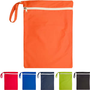 An orange wet bag with a zip, also available in red, blue, green, dark grey, and black. Features a carry handle and logo.