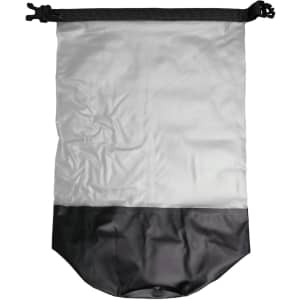 A waterproof bag features a clear upper section and a black lower section, equipped with a secure closure.