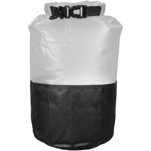 A waterproof bag featuring a white top and a black base, secured with a buckle strap. It has a logo.
