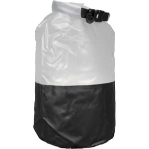 A waterproof bag in white and black, featuring a roll-top closure and a clip. It has a logo on it.