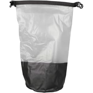 A waterproof bag featuring a clear upper section and black lower section, secured with adjustable straps.