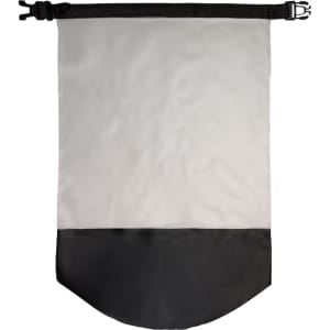 A 10-litre waterproof bag in white with a black bottom, featuring a closure strap and a logo.