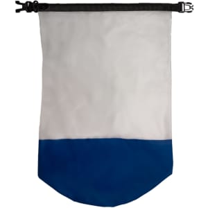 A waterproof bag featuring a white upper section and a blue lower section, secured with a black closure and logo branding.