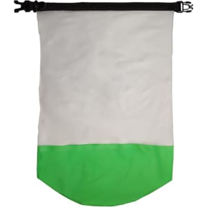 A waterproof bag featuring a white upper section and a vibrant green lower section, secured with a black closure.