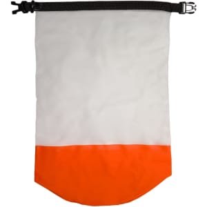 A waterproof bag featuring a clear upper section and an orange lower section, secured with a black buckle closure.
