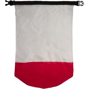 A waterproof bag featuring a white upper section and a red bottom, equipped with a secure closure and a logo.