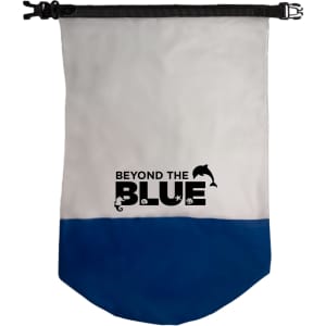 A waterproof bag featuring a two-tone design in white and blue, with the text "BEYOND THE BLUE" prominently displayed.