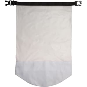 A waterproof bag in white, featuring a rounded bottom and a black strap closure, with a logo on the surface.
