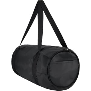 A black duffle bag with a zippered closure and a side pocket, featuring a shoulder strap.