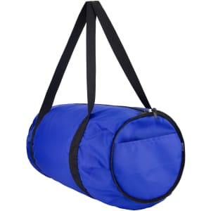 A blue duffle bag with black straps and a zip closure, featuring a round shape and a logo.