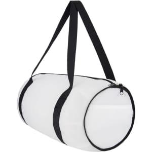 A white duffle bag with black straps and a zippered pocket, featuring a logo on the side.