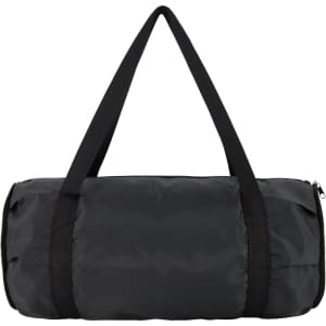 A black duffle bag with dual carrying straps and a zippered closure, featuring a branding logo.