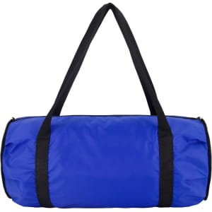 A blue duffle bag with black straps, featuring a simple design and a branding logo.