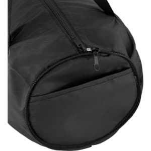 A black duffle bag with a zippered closure and a rounded bottom. It features a simple design and a logo.