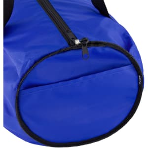 A blue duffle bag with a zip closure and a round base, featuring a sturdy black strap.