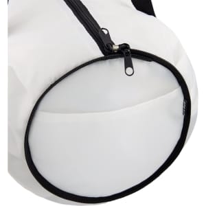 A white duffle bag with a black zipper and trim, featuring a circular bottom design.