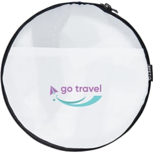 A round white duffle bag with a black zipper and a logo. It features a mesh design and a front pocket.