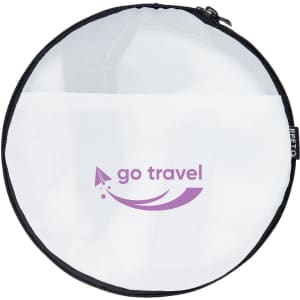 A round, white travel pouch with a black zipper and a logo on the front, featuring a mesh design.