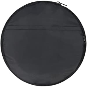 A round black duffle bag with a zip closure and a flat pocket on one side. It features a logo.