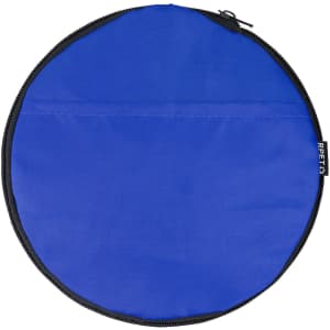 A round blue duffle bag with a black zip and a logo on the side.